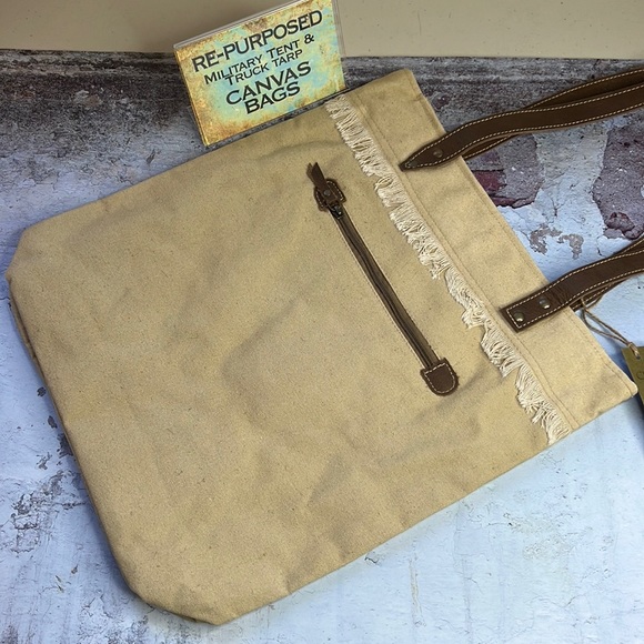 Clea Ray US Mail Owl Graphic Repurposed Canvas Tote Book Bag Leather Straps - Picture 5 of 11